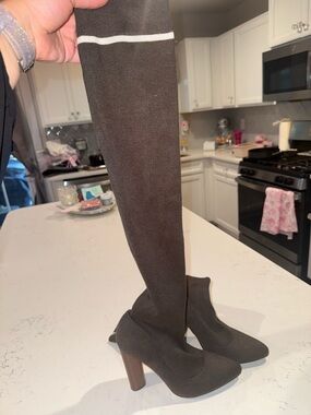 Over-the-Knee Stretch Knit Booties in olive green with White Stripe